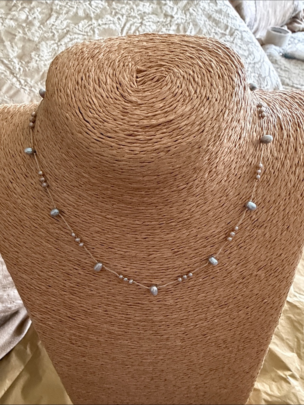 Dove grey blue pearl knotted necklace sterling silver toggle clasp